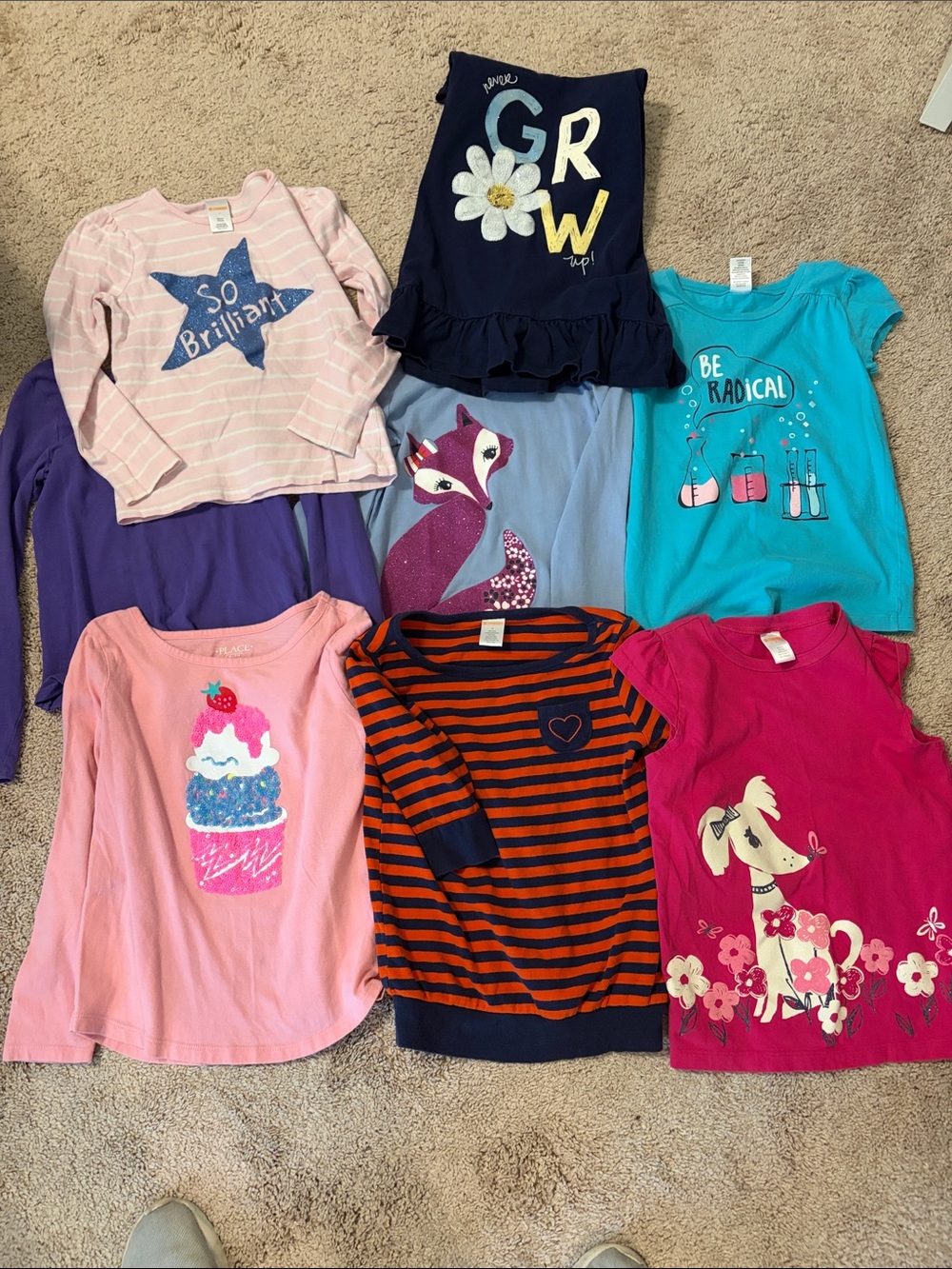 Girls Mixed Graphic Long & Short Sleeve Tops - Navy, Pink, Teal, Purple
